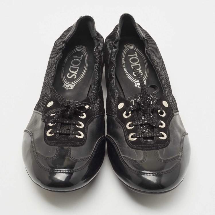 Pre Owned Tod's Black Suede and Leather Lace Up Scrunch Ballet Flats Size 41