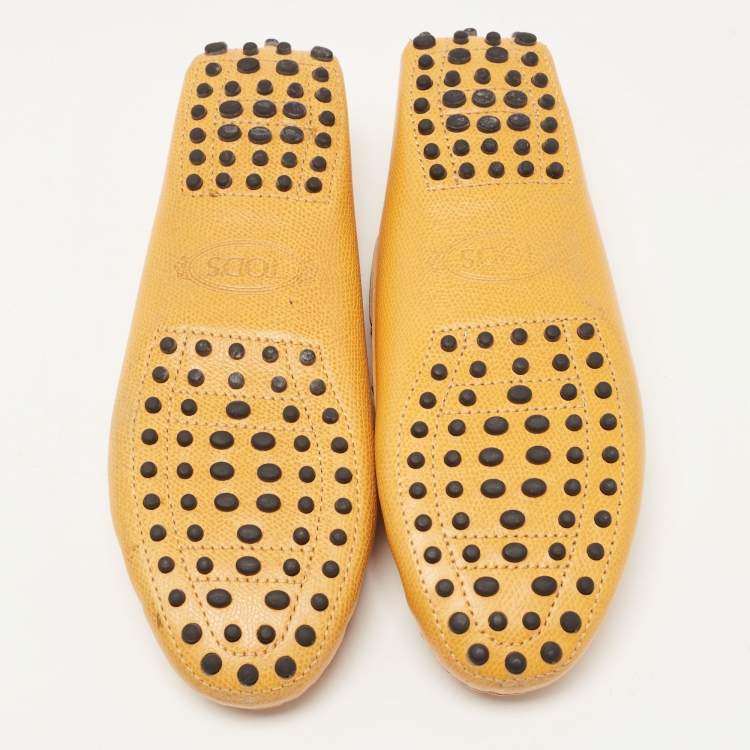 Pre Owned Tod's Yellow Leather Gommino Bow Slip On Loafers Size 36.5