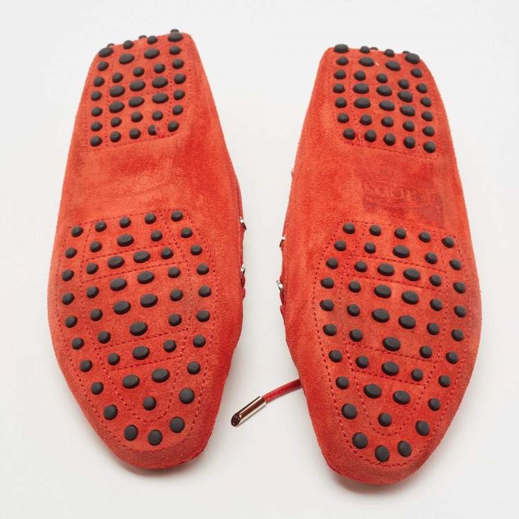 Pre Owned Tod's Red Suede Gommino Bow Slip On Loafers Size 39.5