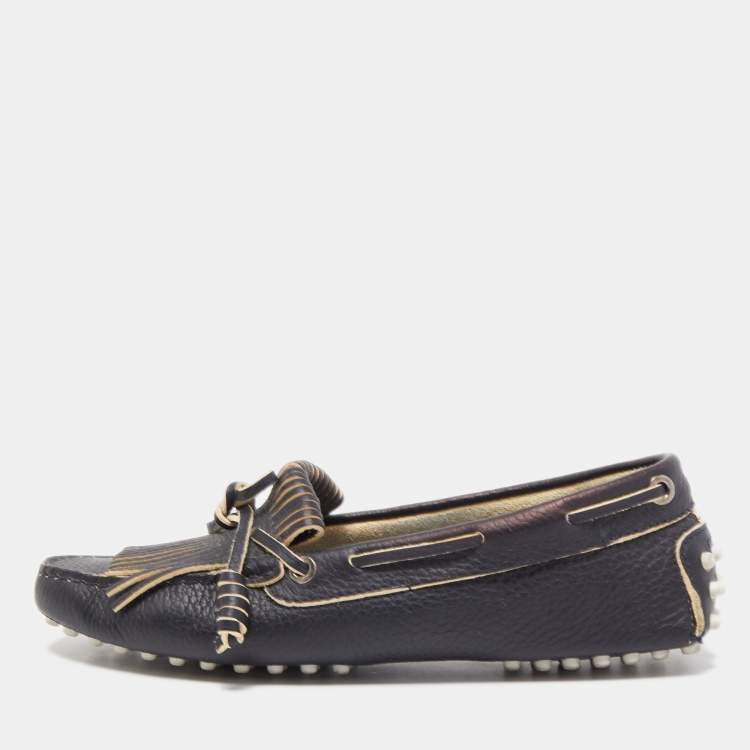 Pre Owned Tod's Black Leather Bow Fringe Detail Slip On Loafers Size 36