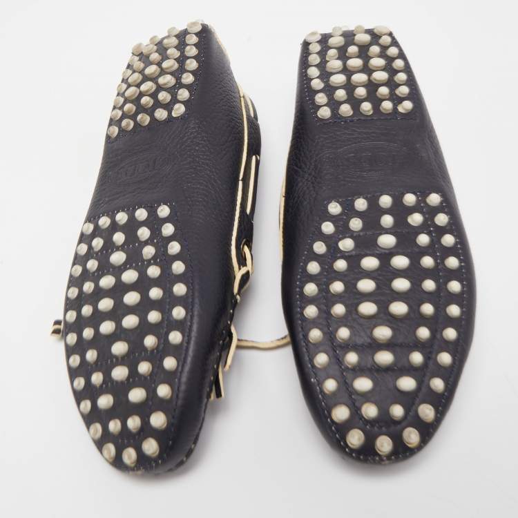 Pre Owned Tod's Black Leather Bow Fringe Detail Slip On Loafers Size 36