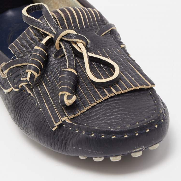 Pre Owned Tod's Black Leather Bow Fringe Detail Slip On Loafers Size 36