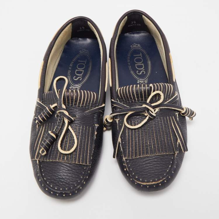 Pre Owned Tod's Black Leather Bow Fringe Detail Slip On Loafers Size 36