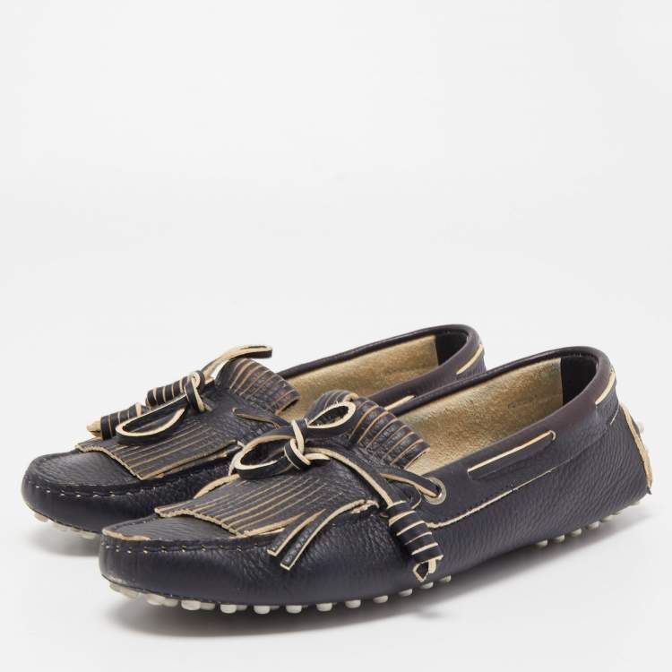 Pre Owned Tod's Black Leather Bow Fringe Detail Slip On Loafers Size 36