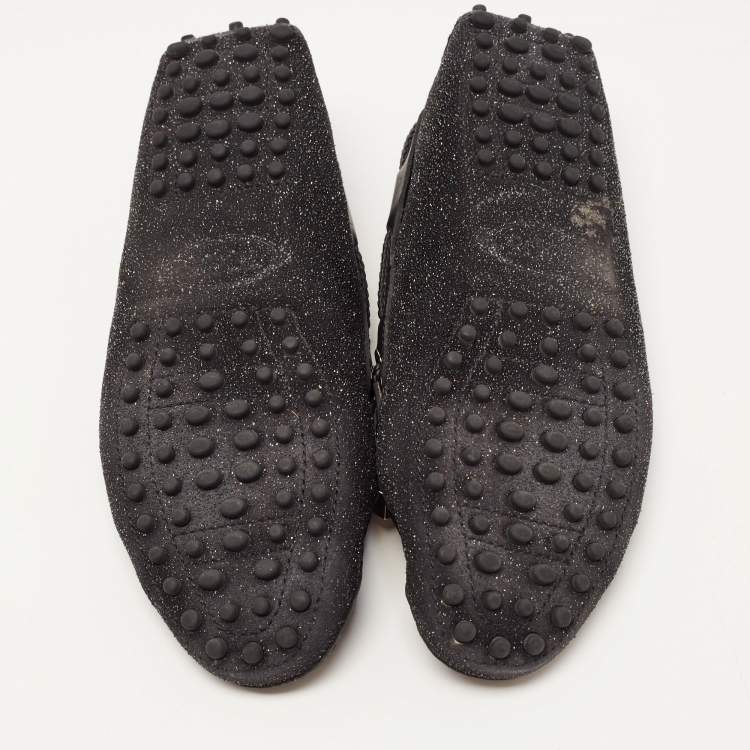مملوكة مسبقًا Tod's Black Glitter Suede Slip On Bow Loafers Size 35
