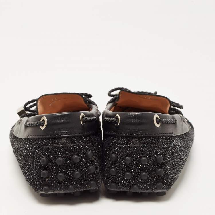 مملوكة مسبقًا Tod's Black Glitter Suede Slip On Bow Loafers Size 35