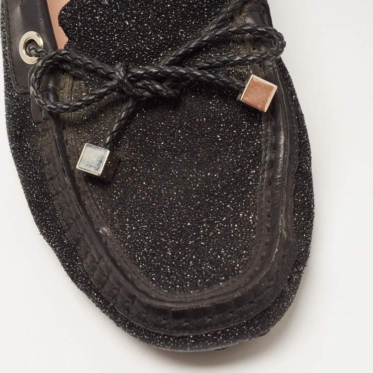 مملوكة مسبقًا Tod's Black Glitter Suede Slip On Bow Loafers Size 35