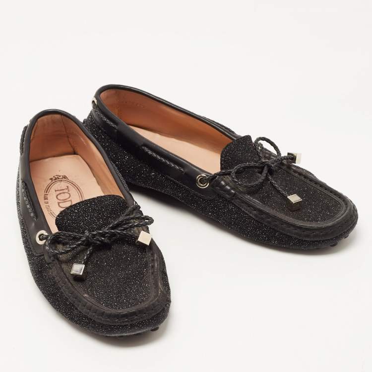 مملوكة مسبقًا Tod's Black Glitter Suede Slip On Bow Loafers Size 35
