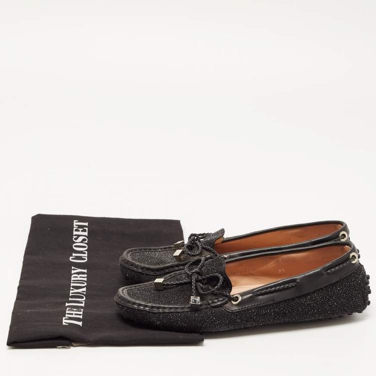 مملوكة مسبقًا Tod's Black Glitter Suede Slip On Bow Loafers Size 35