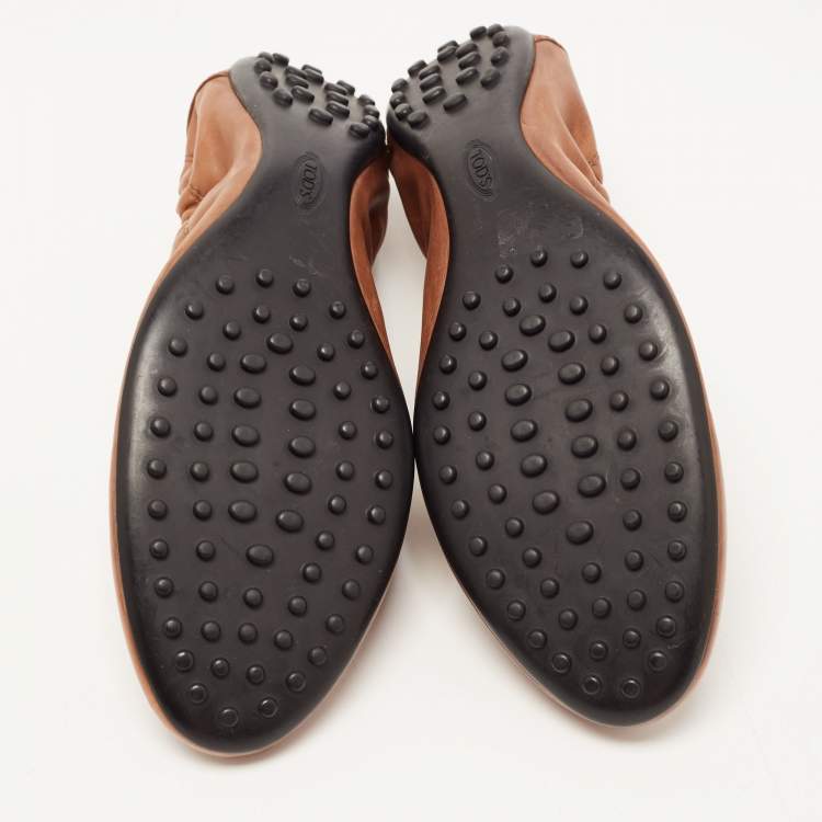 Pre Owned Tod's Brown Leather Bow Scrunch Ballet Flats Size 40