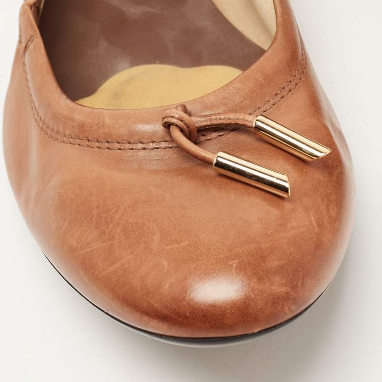 Pre Owned Tod's Brown Leather Bow Scrunch Ballet Flats Size 40