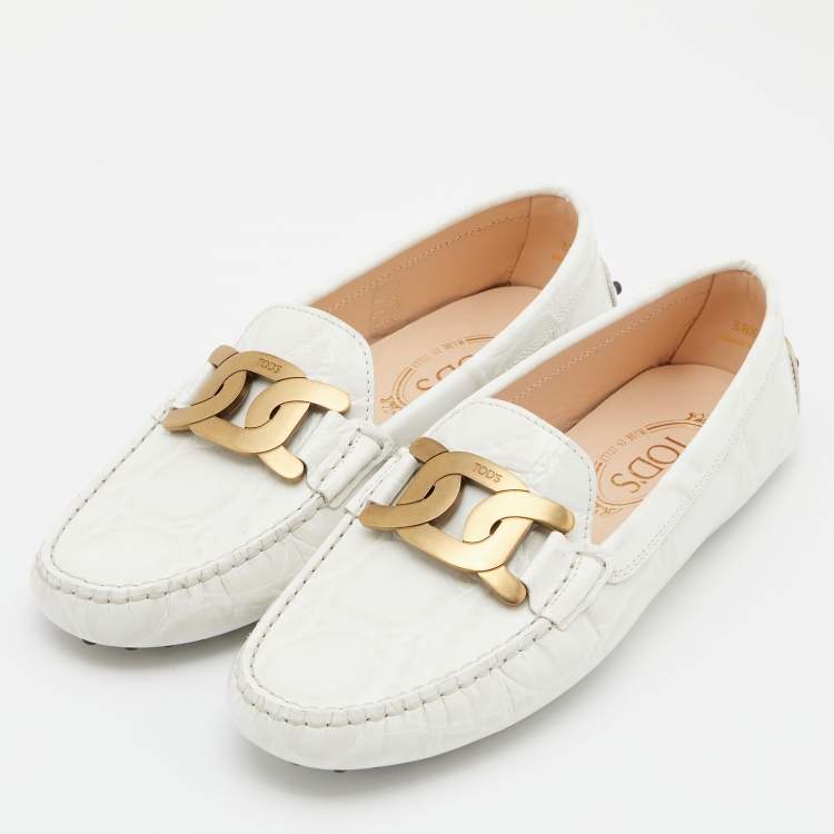 Pre Owned Tod's White Croc Embossed Leather Chain Detail Kate Loafers Size 38.5