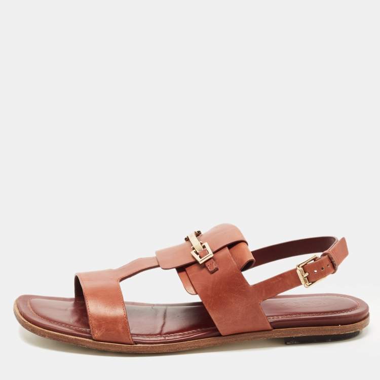 Pre Owned Tod's Brown Leather T-Strap Buckle Detail Flat Sandals Size 38.5