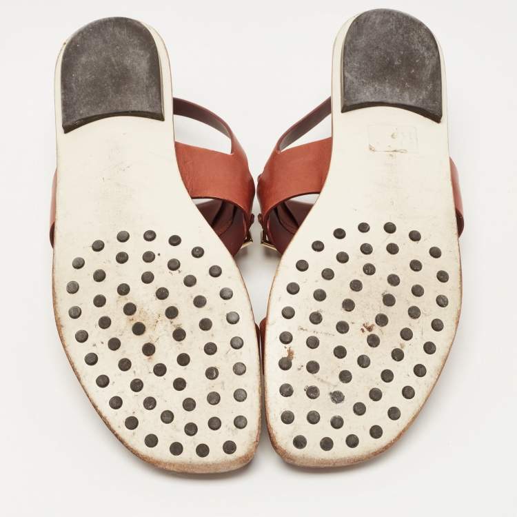 Pre Owned Tod's Brown Leather T-Strap Buckle Detail Flat Sandals Size 38.5