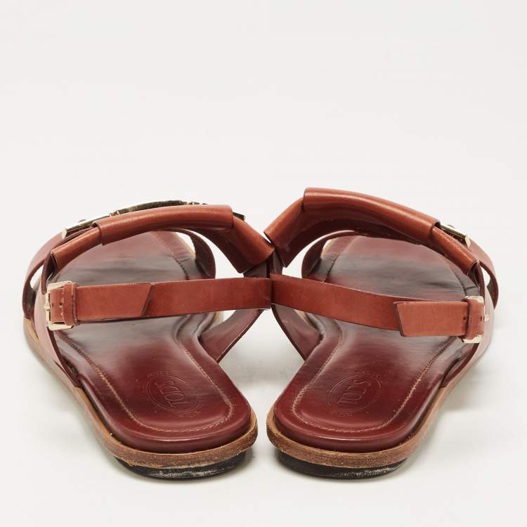 Pre Owned Tod's Brown Leather T-Strap Buckle Detail Flat Sandals Size 38.5