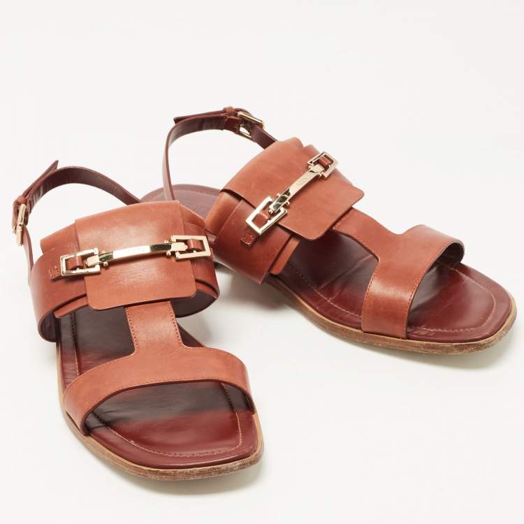Pre Owned Tod's Brown Leather T-Strap Buckle Detail Flat Sandals Size 38.5