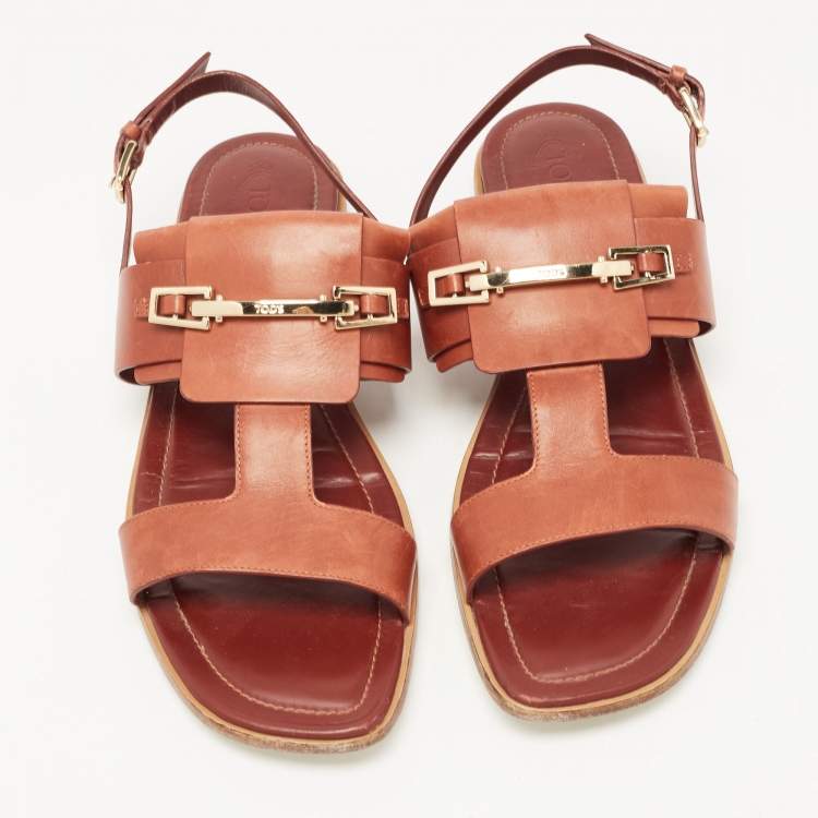 Pre Owned Tod's Brown Leather T-Strap Buckle Detail Flat Sandals Size 38.5