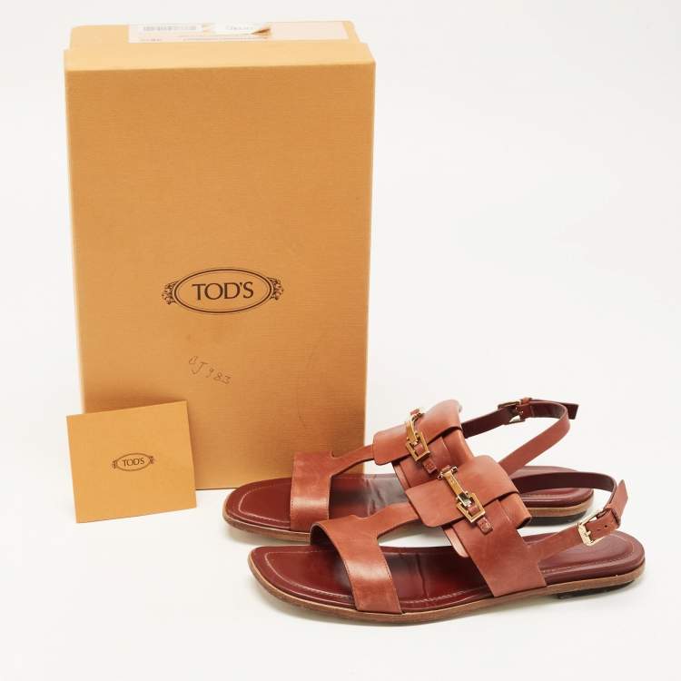 Pre Owned Tod's Brown Leather T-Strap Buckle Detail Flat Sandals Size 38.5