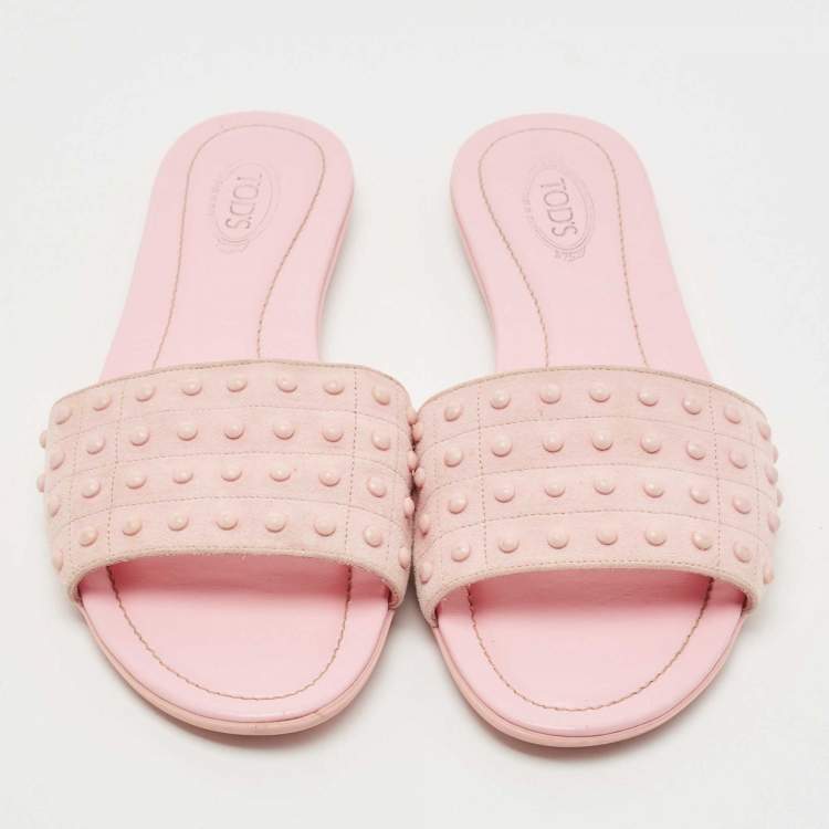 Pre Owned Tod's Pink Suede Studded Flat Slides Size 38.5