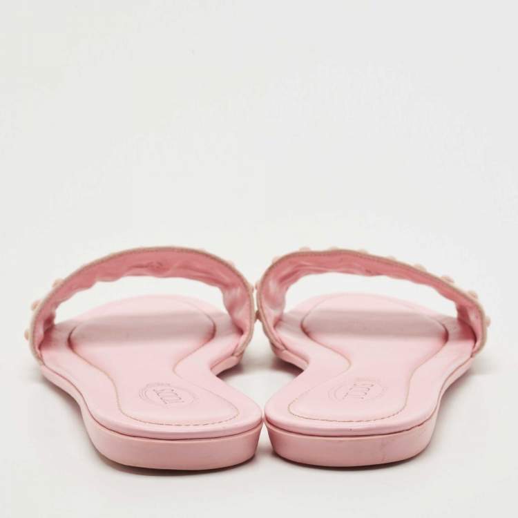 Pre Owned Tod's Pink Suede Studded Flat Slides Size 38.5