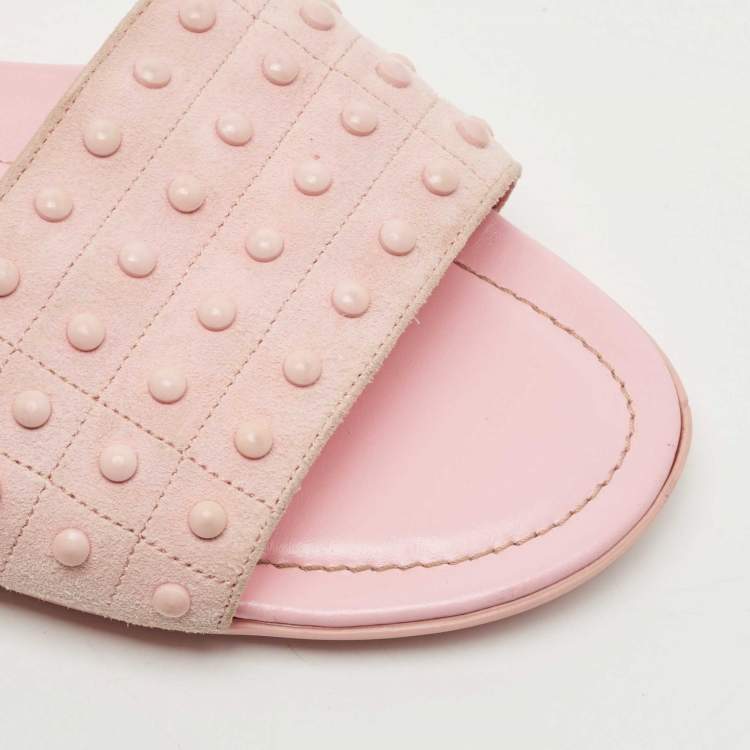 Pre Owned Tod's Pink Suede Studded Flat Slides Size 38.5