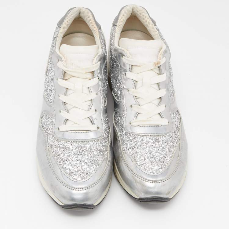 Pre Owned Tod's Metallic Silver Glitter And Leather Sportivo Lace Up Sneakers Size 38.5