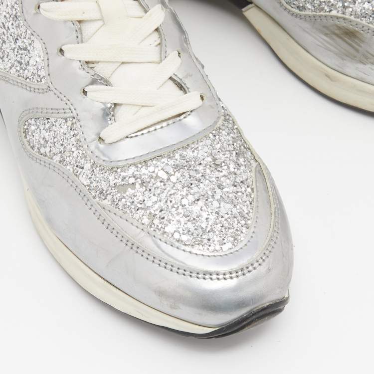 Pre Owned Tod's Metallic Silver Glitter And Leather Sportivo Lace Up Sneakers Size 38.5