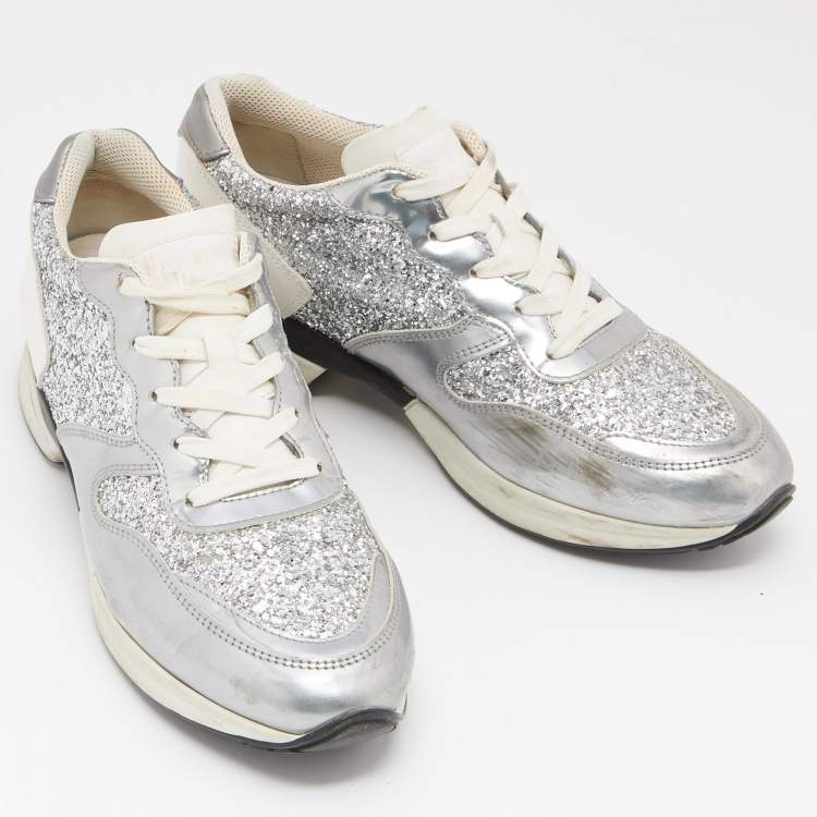 Pre Owned Tod's Metallic Silver Glitter And Leather Sportivo Lace Up Sneakers Size 38.5