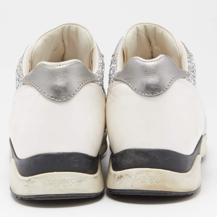 Pre Owned Tod's Metallic Silver Glitter And Leather Sportivo Lace Up Sneakers Size 38.5