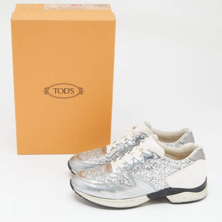 Pre Owned Tod's Metallic Silver Glitter And Leather Sportivo Lace Up Sneakers Size 38.5