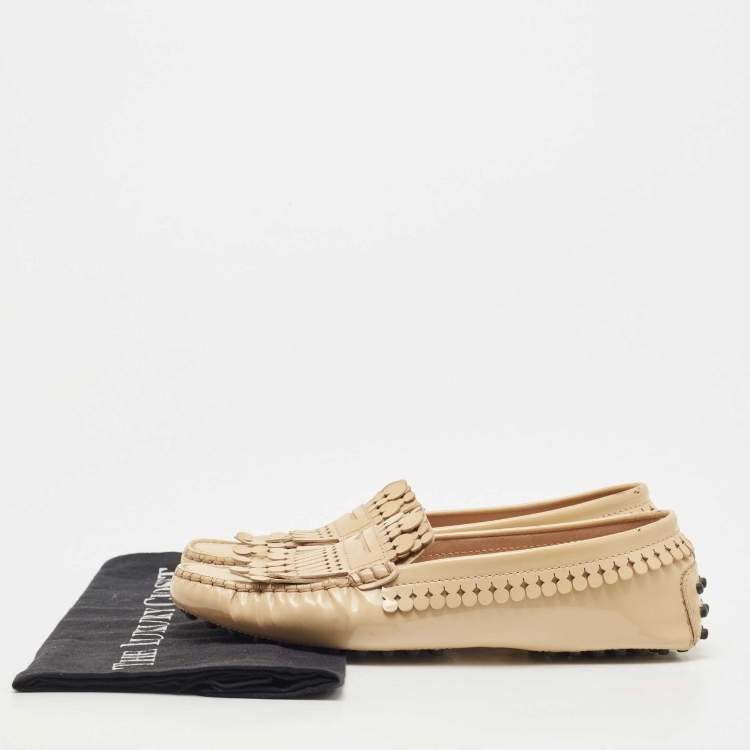 Pre Owned Tod's Beige Patent Leather Laser Cut Fringe Loafers Size 37