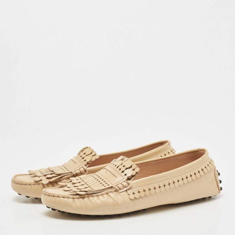 Pre Owned Tod's Beige Patent Leather Laser Cut Fringe Loafers Size 37