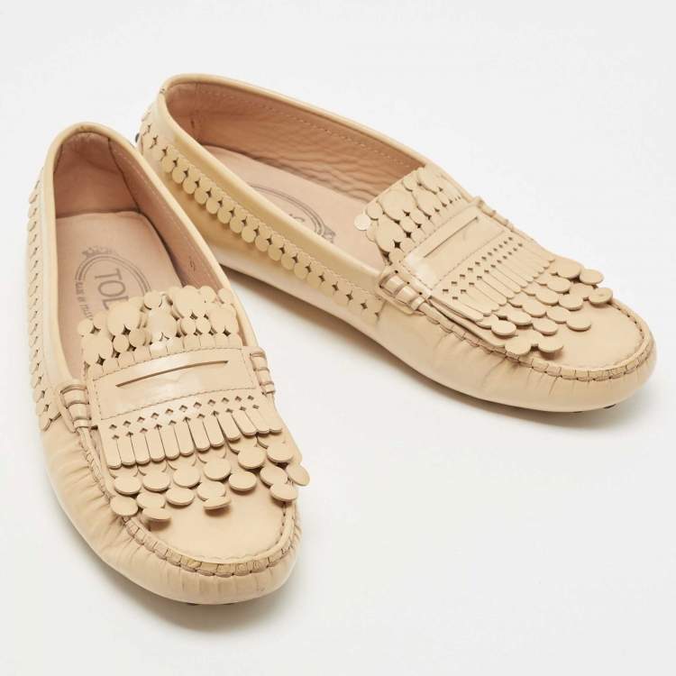 Pre Owned Tod's Beige Patent Leather Laser Cut Fringe Loafers Size 37