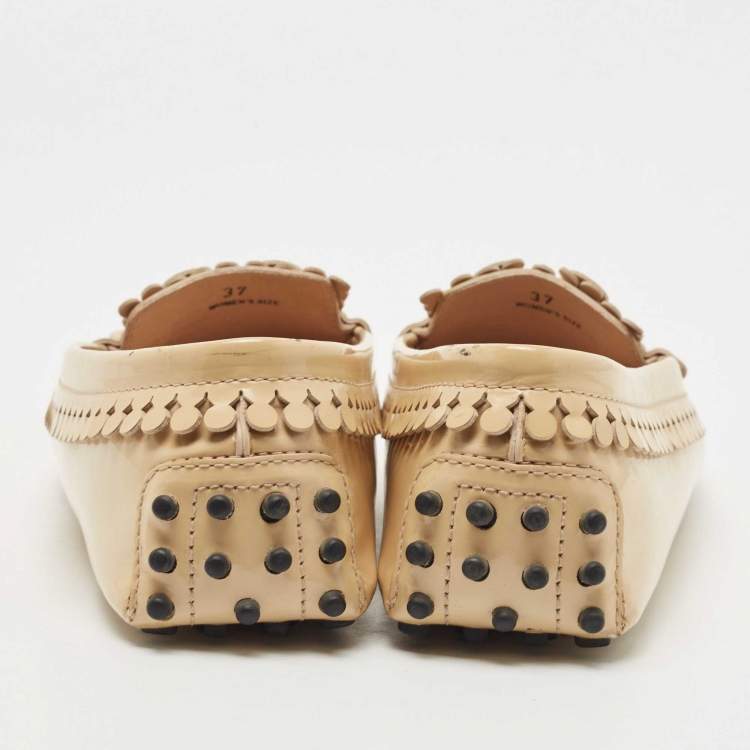 Pre Owned Tod's Beige Patent Leather Laser Cut Fringe Loafers Size 37