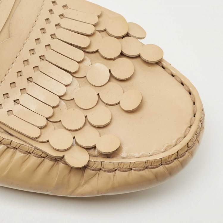 Pre Owned Tod's Beige Patent Leather Laser Cut Fringe Loafers Size 37