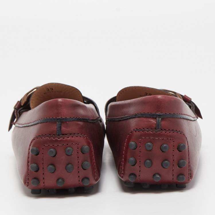 Pre Owned Tod's Burgundy Leather Slip On Loafers Size 39