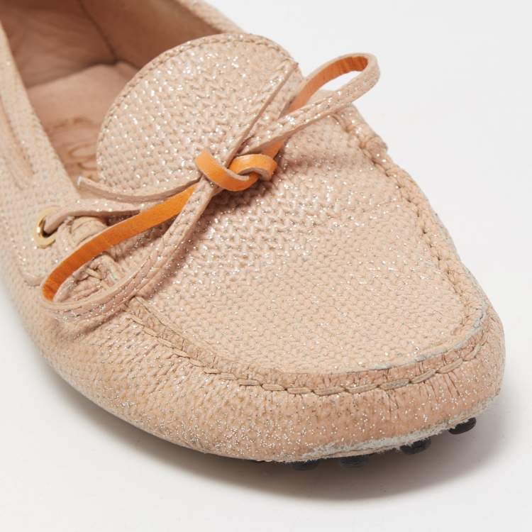 Pre Owned Tod's Pink Leather Bow Detail Slip On Loafers Size 38