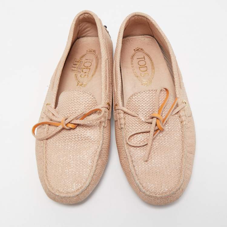 Pre Owned Tod's Pink Leather Bow Detail Slip On Loafers Size 38