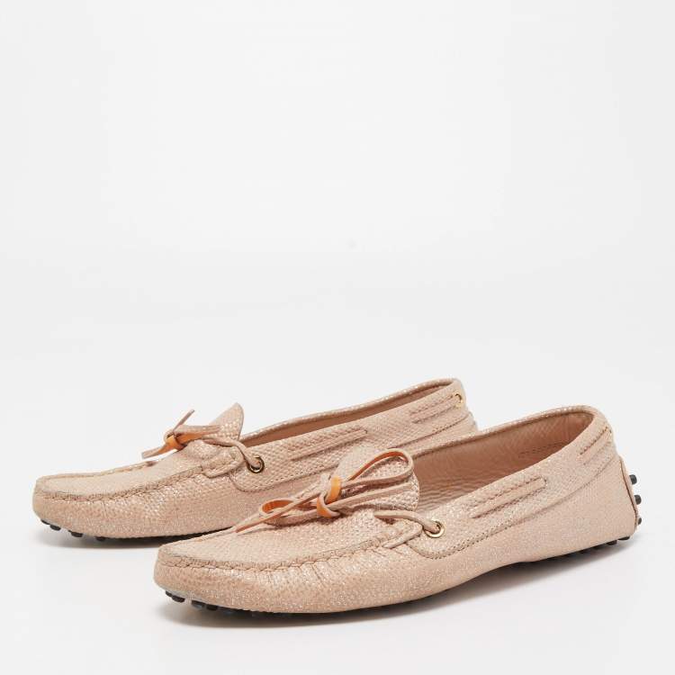 Pre Owned Tod's Pink Leather Bow Detail Slip On Loafers Size 38