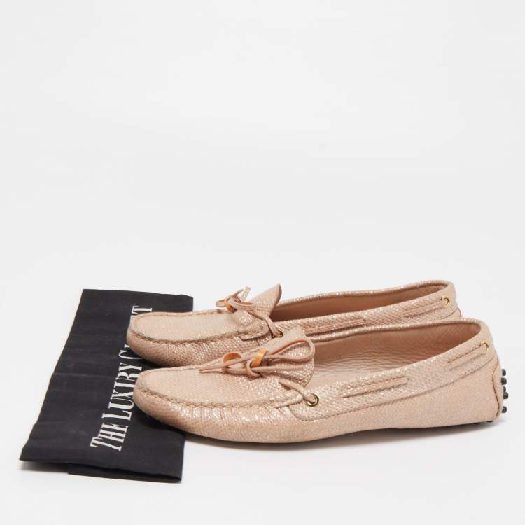 Pre Owned Tod's Pink Leather Bow Detail Slip On Loafers Size 38
