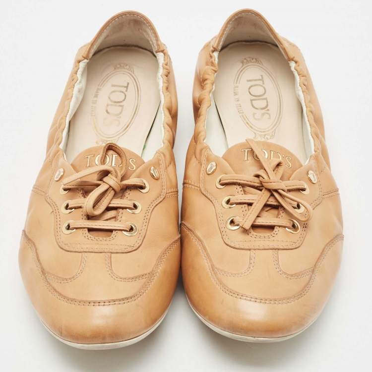 Pre Owned Tod's Tan Leather Scrunch Bow Slip On Loafers Size 41
