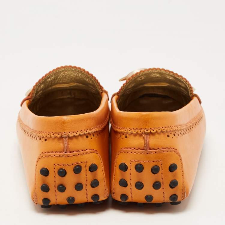 Pre Owned Tod's Orange Perforated Leather Bow Slip On Loafers Size 40.5