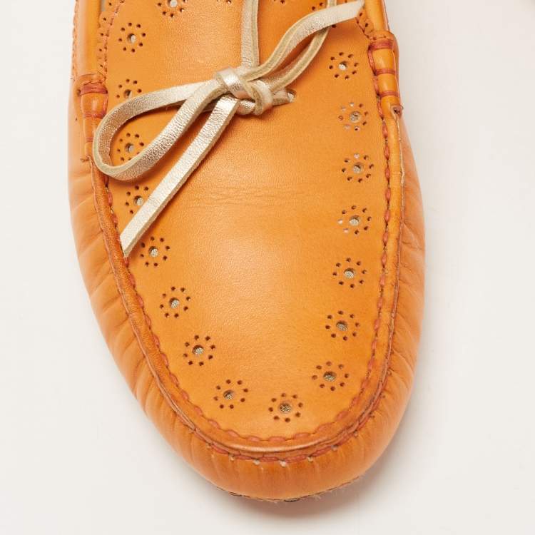 Pre Owned Tod's Orange Perforated Leather Bow Slip On Loafers Size 40.5