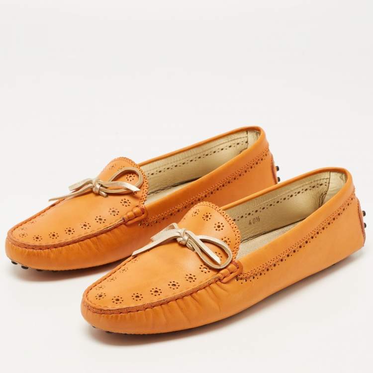Pre Owned Tod's Orange Perforated Leather Bow Slip On Loafers Size 40.5