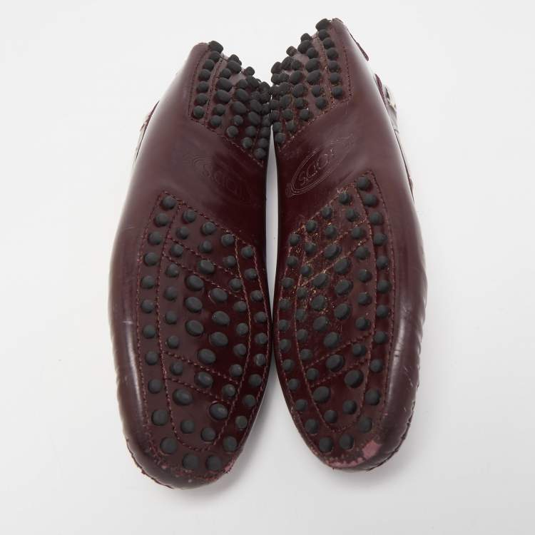 Pre Owned Tod's Burgundy Leather Bow Slip On Loafers Size 36.5