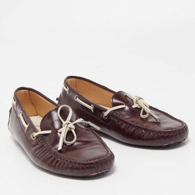 Pre Owned Tod's Burgundy Leather Bow Slip On Loafers Size 36.5