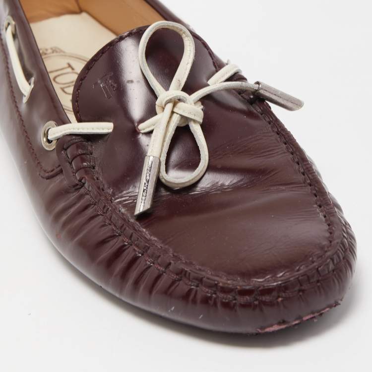 Pre Owned Tod's Burgundy Leather Bow Slip On Loafers Size 36.5
