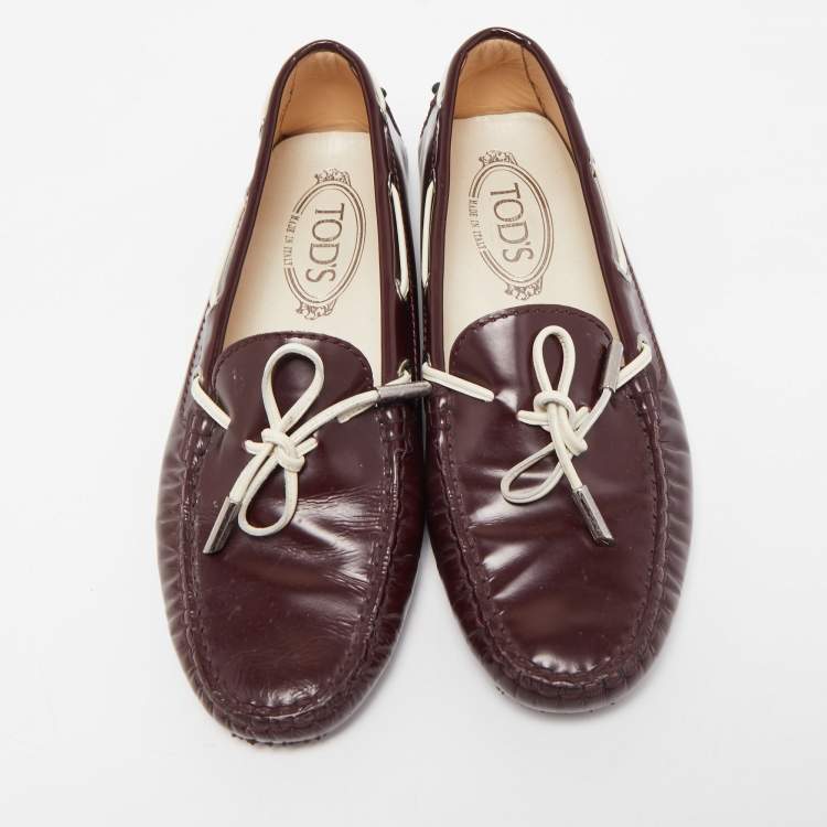 Pre Owned Tod's Burgundy Leather Bow Slip On Loafers Size 36.5