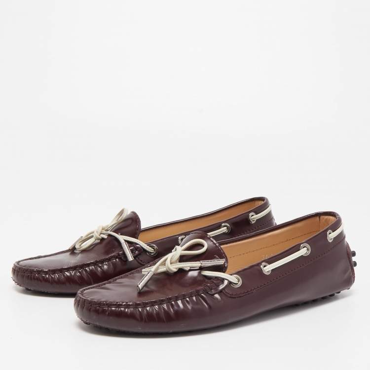 Pre Owned Tod's Burgundy Leather Bow Slip On Loafers Size 36.5
