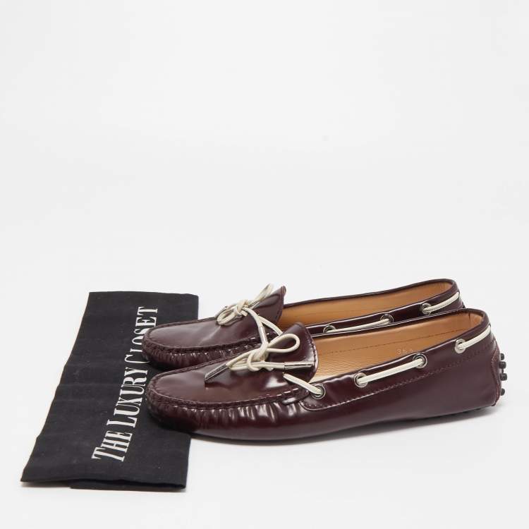 Pre Owned Tod's Burgundy Leather Bow Slip On Loafers Size 36.5